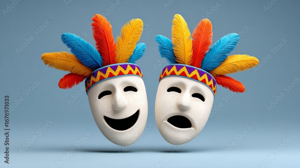 Poster two masks with feathers on them, one smiling and one frowning. the masks are meant to represent diff