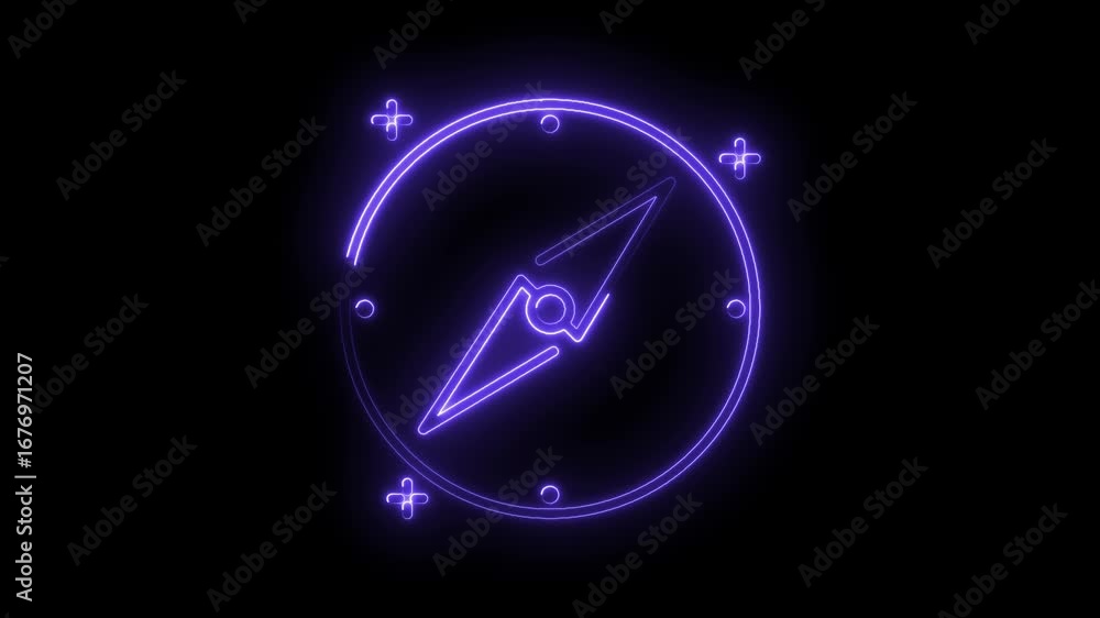 Poster glowing neon compass icon on black background for navigation and direction concepts