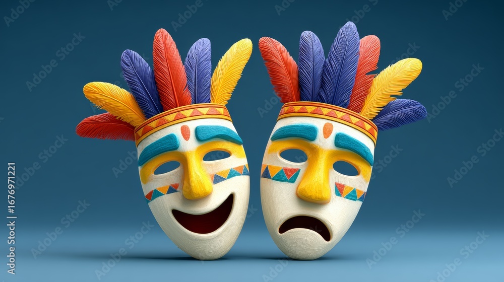Poster two masks with feathers on them, one smiling and the other frowning. the masks are meant to represen