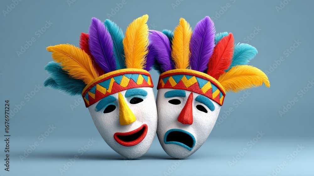 Poster two masks with feathers on them, one smiling and the other frowning. the masks are meant to represen