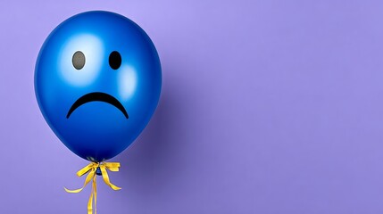 Naklejka premium Blue balloon with a frowning face on it. The balloon is tied with a yellow ribbon
