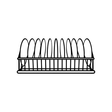Dish Rack Silhouette: A minimalist illustration of a dish rack, meticulously holding plates, conveying a sense of organized domesticity.