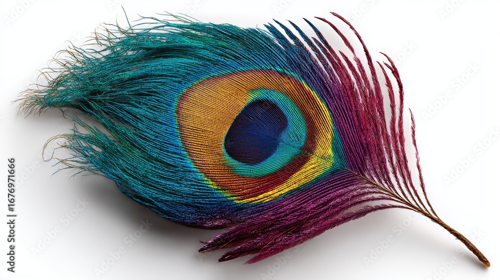Poster colorful peacock feather with a rainbow pattern. the feather is on a white background. the feather i