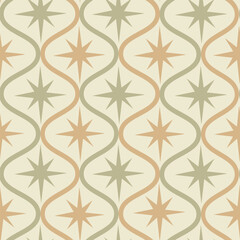 Mid century modern sage green and tan atomic starbursts on retro ogee shapes seamless pattern on beige background . For wallpaper, home décor, wrapping paper and fabric
