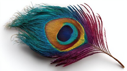 Obraz premium Colorful peacock feather with a rainbow pattern. The feather is on a white background. The feather is very colorful and has a unique pattern