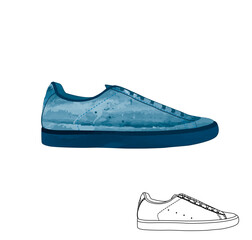 Vector Blue sneaker watercolor illustration with Outline Stroke sketch