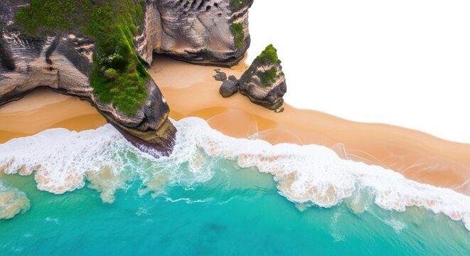 Aerial view of a tropical beach with turquoise water and waves crashing on the shore with lush green cliffs