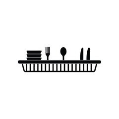 Dish Rack Icon: A clean, minimalistic icon showcases a dish rack with neatly arranged plates, fork, spoon, and knives, symbolizing order and the everyday ritual of culinary organization.