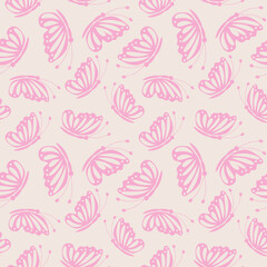 Cute scattered pink butterflies silhouette on light cream background seamless pattern. For Nursery wallpaper, girl room decoration and fabric