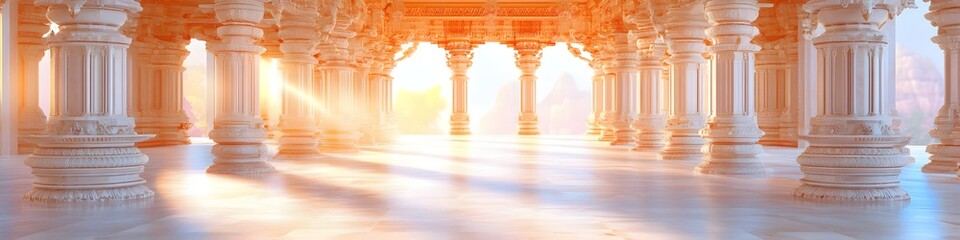 A large, empty room with white pillars