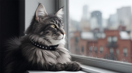 Elegant feline gazing out a window at the cityscape. A contemplative, serene mood. Perfect for illustrating themes of observation, urban life, and companionship.