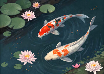 Two koi fish swimming gracefully in dark reflective water, surrounded by floating flowers, digital realistic view.