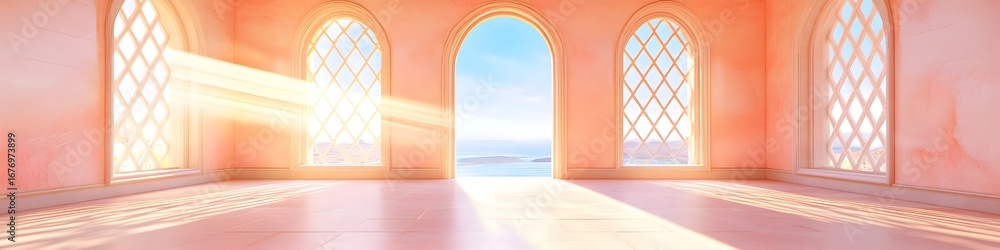 Poster a room with a large window and a view of the ocean