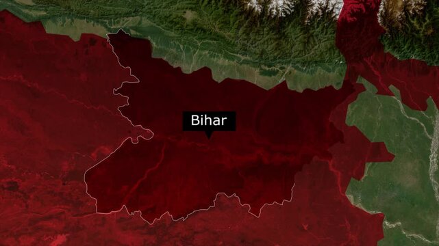 Bihar map highlight animation, India state location zoom, political map video, geographic region highlight, satellite earth view animatio