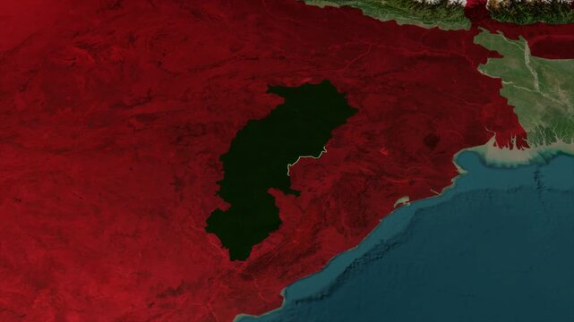 Chhattisgarh map highlight animation, India state location zoom, political map video, geographic region highlight, satellite earth view animatio