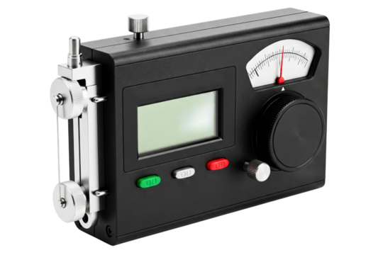 Black tension gauge measurement device with analog and digital displays isolated on a transparent background