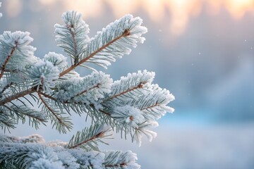 Stunning winter scene of snow-covered evergreen boughs glistening in the soft morning light
