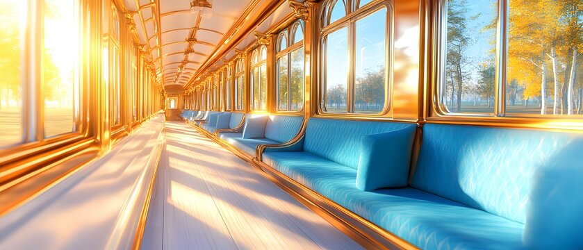 A train with a long, narrow hallway and blue seats
