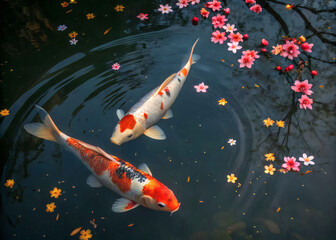 Two koi fish swimming gracefully in dark reflective water, surrounded by floating flowers, digital realistic view.