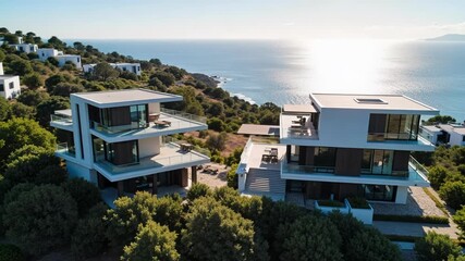 Stunning aerial footage showcases luxurious twin vacation homes with breathtaking sea views and modern architecture, perfect for travel inspiration.