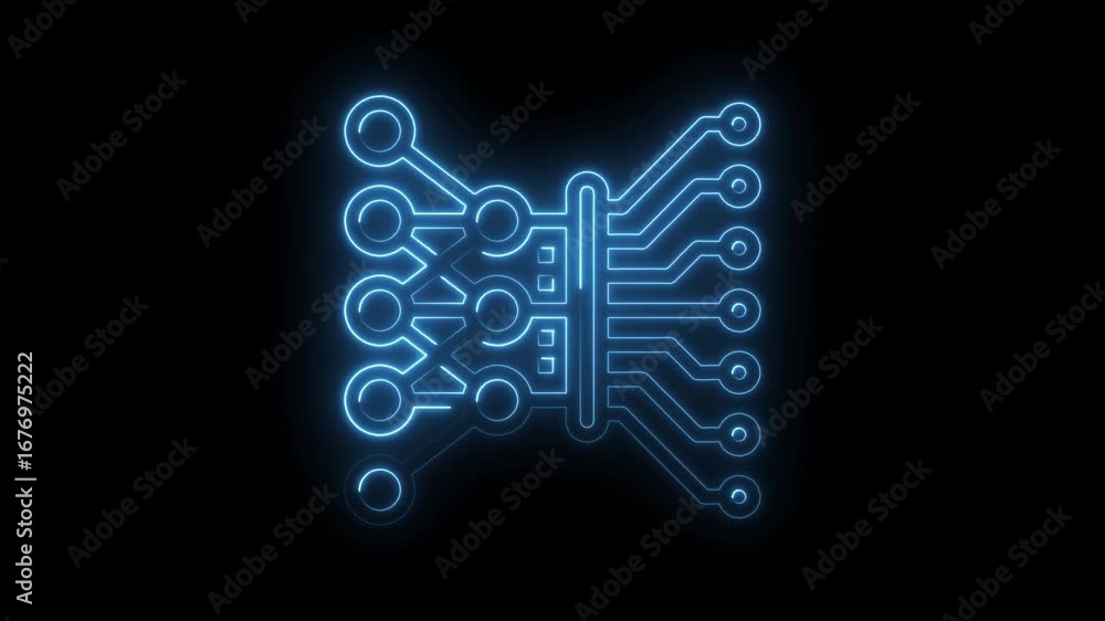 Aufkleber glowing blue artificial neural network circuit board on black background animation