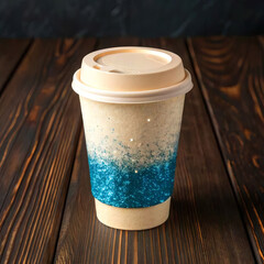 Beige and blue glitter coffee cup mockup on dark wooden surface.