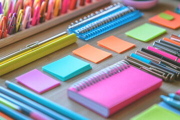 Modern Office Desk Setup with Multicolored Stationery Tools