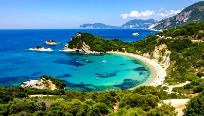Fototapeta premium Scenic coastal view of a serene beach with clear waters and distant mountains under a blue sky