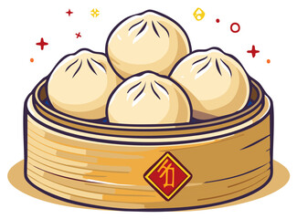 Delicious dumplings steaming in a traditional bamboo steamer with celebratory sparks