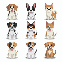 Nine Adorable Cartoon Dog Breeds Sitting and Smiling on White Background puppy cute