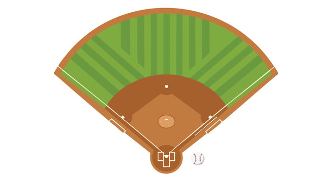 Overhead view of a meticulously illustrated baseball diamond showcasing the infield and outfield, complete with a crisp white baseball at home base