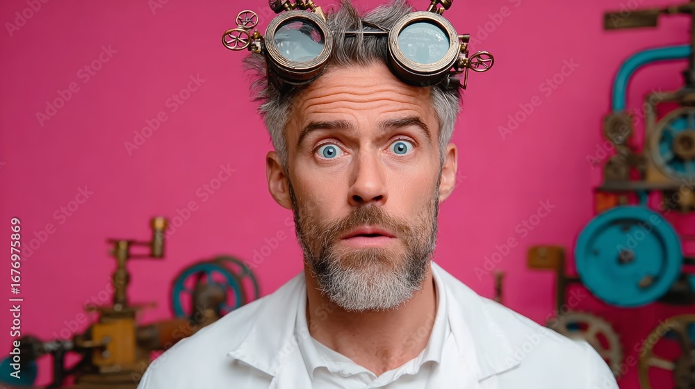 Poster man with glasses and a beard is staring at the camera. he is wearing a white lab coat and he is a sc