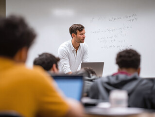 Engaging classroom scene A teacher explains complex formulas to students with laptops. Ideal for illustrating education, learning, tech, and academic achievement.