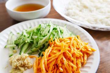 Japanese somen noodles with kinshi egg and shredded cucumber
