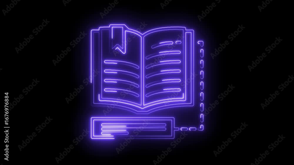 Poster open book and computer device illuminated in a neon style glowing effect