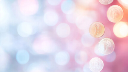 Falling bitcoins concept with golden coins on blue background