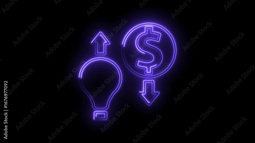 Poster glowing neon idea lightbulb with increasing arrow and money with decreasing arrow
