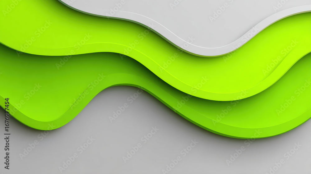 Poster modern abstract design features layered green and white waves, creating dynamic and vibrant visual e