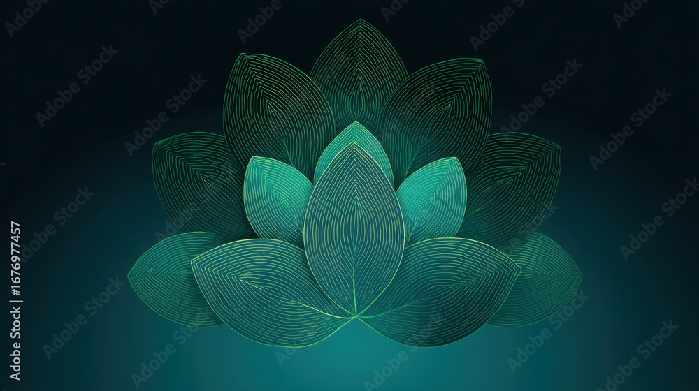 Poster beautiful illustration of layered green leaves with intricate line patterns, creating serene and cal