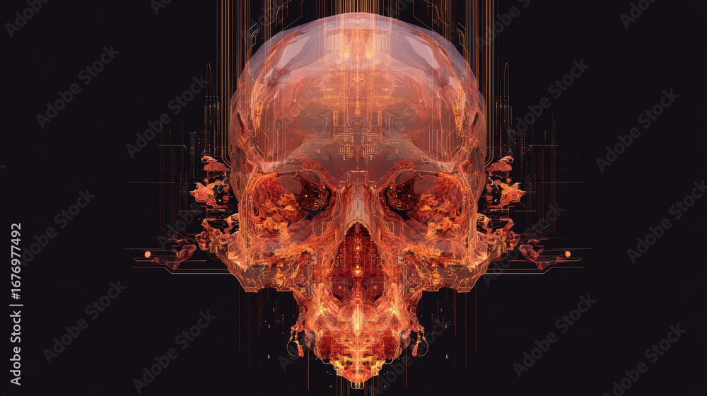 Aufkleber digital artwork featuring translucent skull design, illuminated with vibrant orange and red hues. in