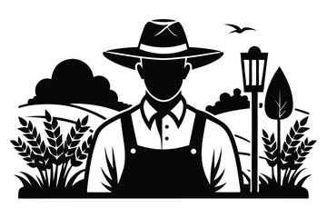 Silhouette Farmer with Overalls and Hat, Wheat Fields, and Vintage Lamp Post Image