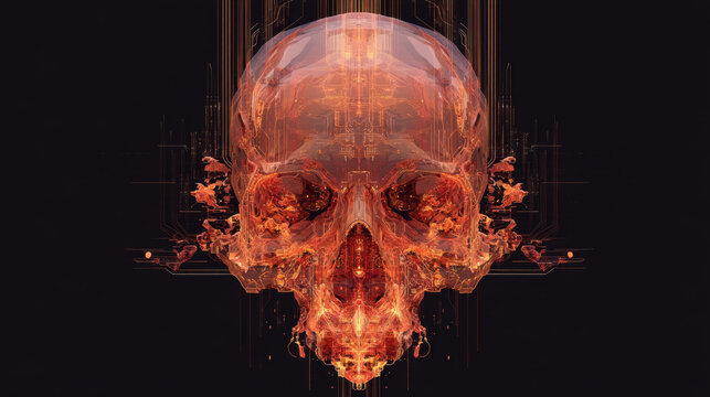 Digital artwork featuring translucent skull design, illuminated with vibrant orange and red hues. intricate details and abstract patterns create striking visual effect, evoking sense of depth