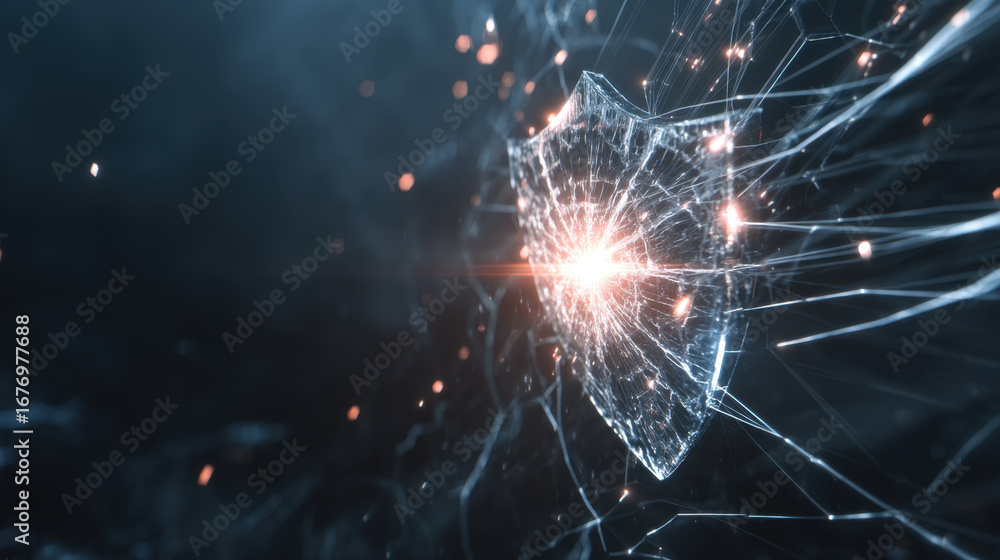 Aufkleber digital representation of shattered shield, symbolizing protection and security. image features intr