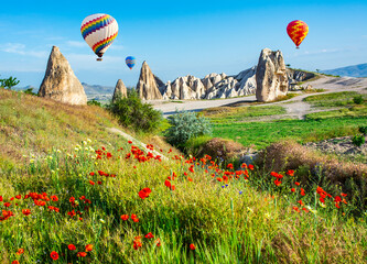 Travel concept. The great tourist attraction of Cappadocia - balloon flight. Cappadocia is one of...