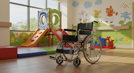 A wheelchair sits in a children's playground, promoting accessibility and inclusion.
