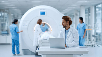 Obraz premium Modern hospital scene with a doctor using a laptop in front of an MRI scanner. Illustrates healthcare, technology, and teamwork. Ideal for medical, science, or business contexts.