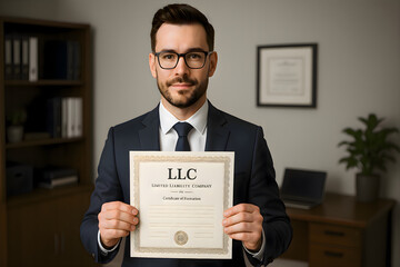 Man in a formal suit and tie proudly holding a LLC certificate, symbolizing achievement, professional recognition, success, and accomplishment in a business or academic setting
