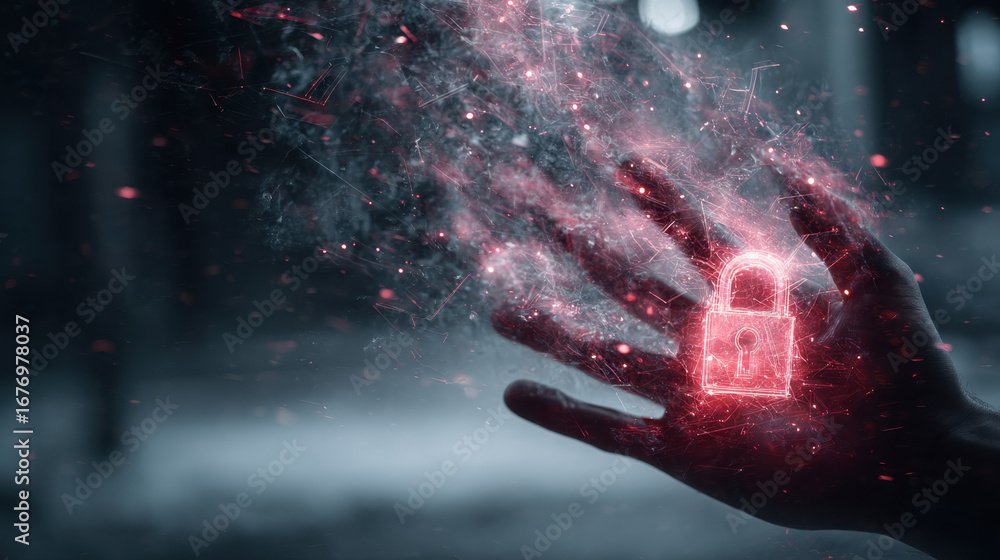 Poster hand with glowing digital lock symbol represents security and protection in futuristic setting. imag