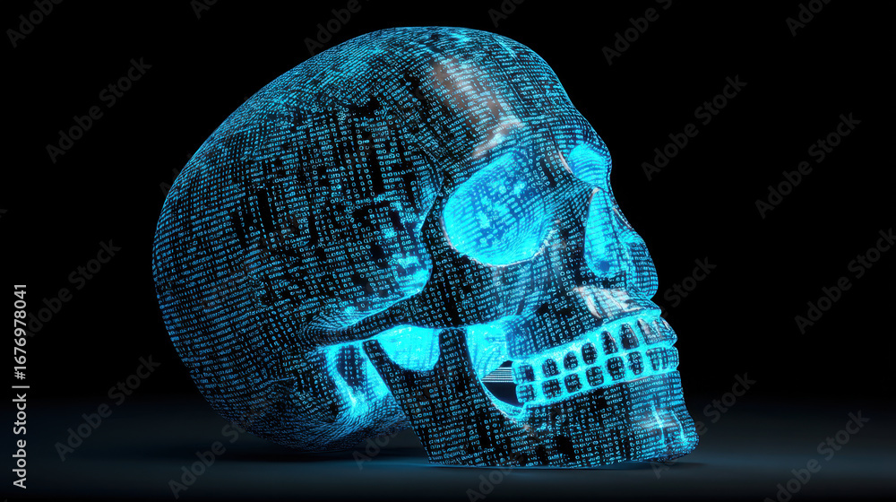 Poster digital representation of skull, illuminated blue hue, showcases matrix of binary code. this futuris