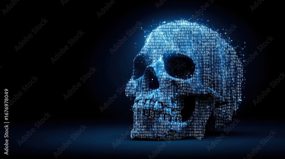 Poster digital skull composed of glowing binary code creates striking visual representation of technology a